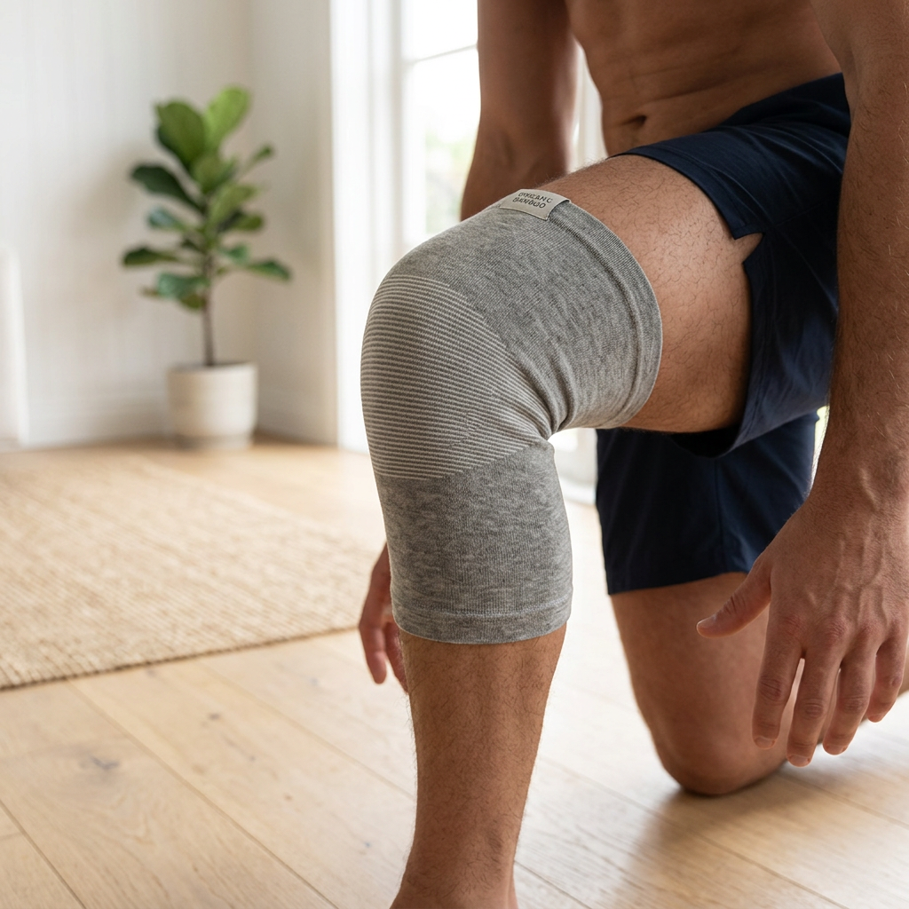Close-up of the grey bamboo compression sleeve on a knee while stretching on a wooden floor
