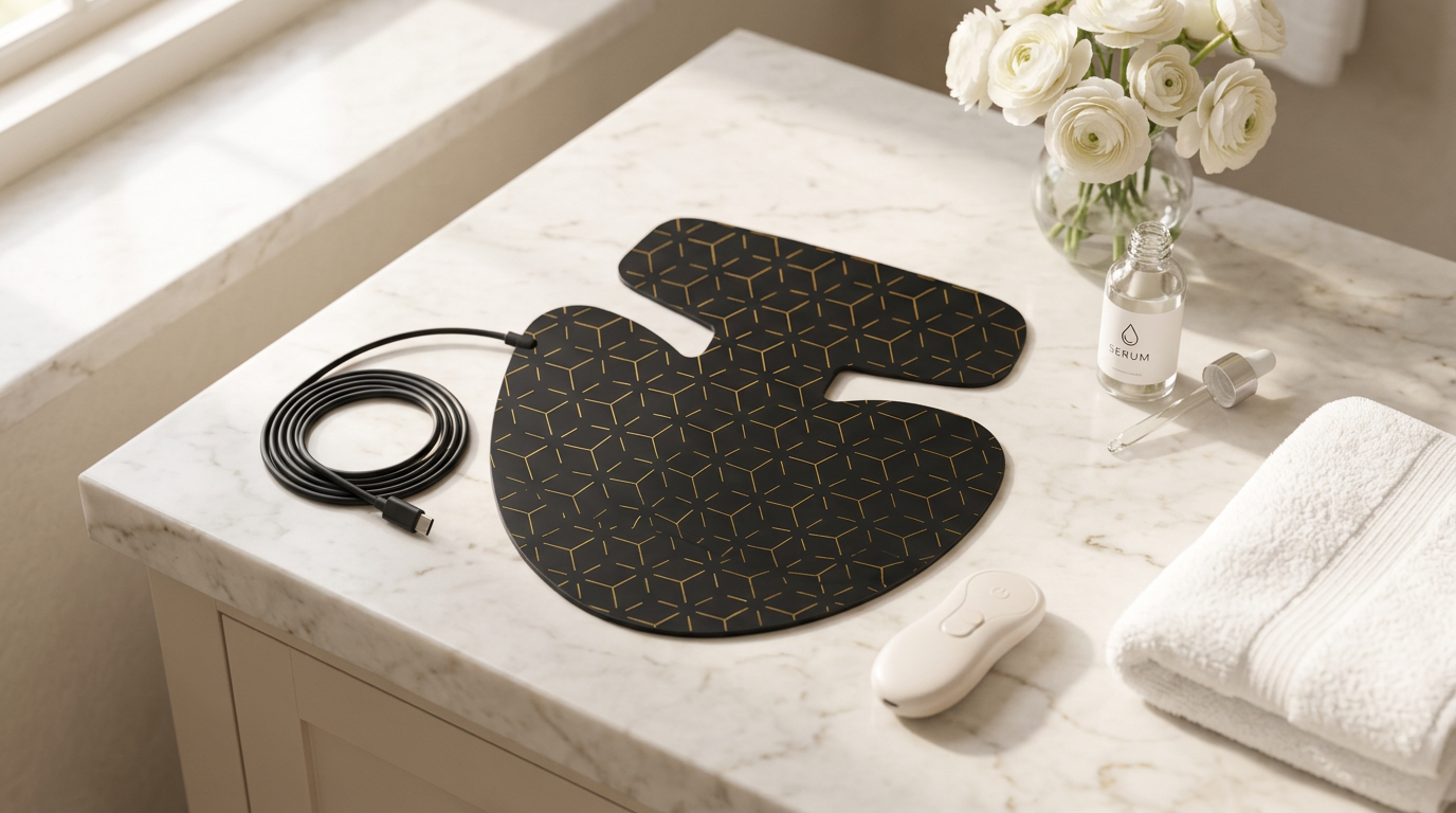 LED neck and décolleté mask with its controller on a marble vanity