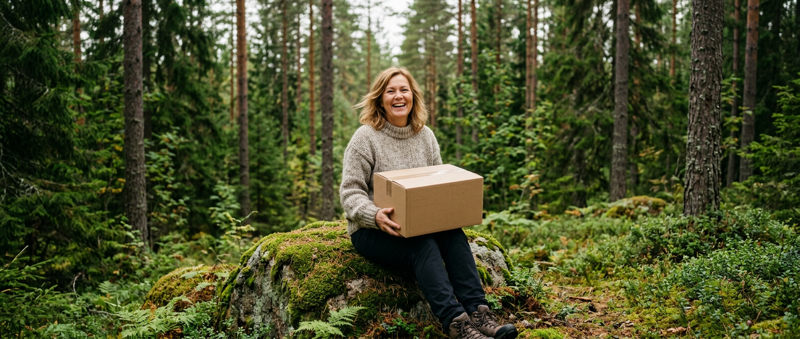 Smiling woman in a forest holding a delivery box