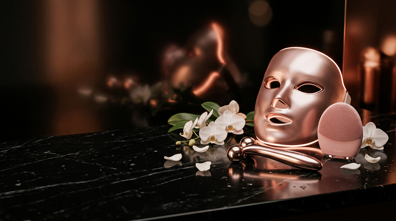 Rose-gold LED mask, microcurrent wand and cleansing brush on a black marble vanity