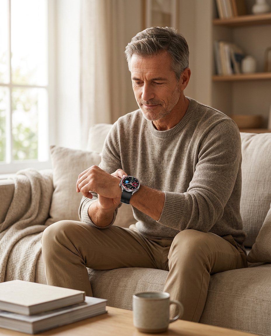 Man relaxing at home while checking his heart rate on the VitalityWatch