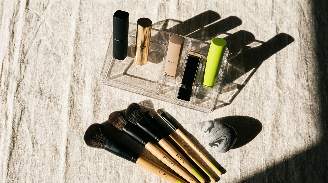 Brochas, esponja y labiales sobre una superficie clara