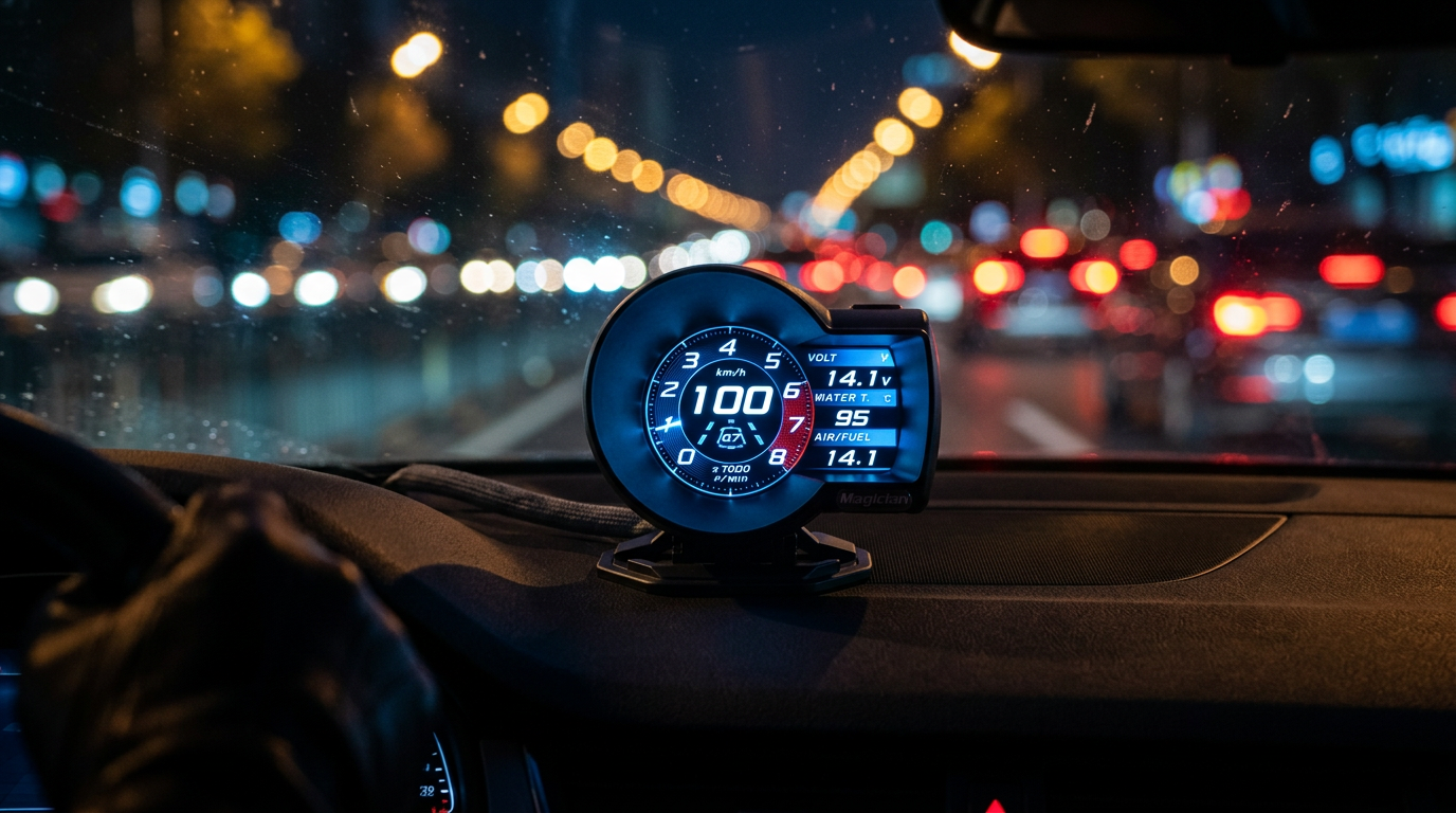 OBD LCD Gauge glowing blue on a car dashboard during a night drive through the city
