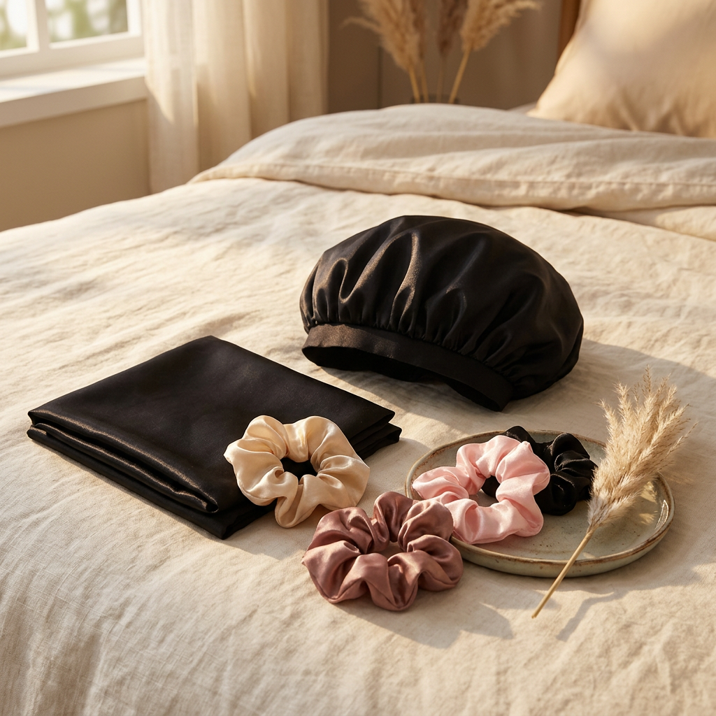 The ZELAVY Night Routine: satin bonnet, pillowcase and scrunchies on cream linen