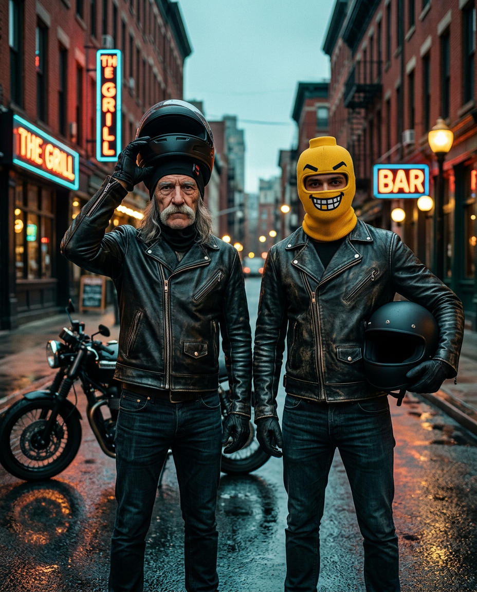 Two riders on a wet city street at dusk, one in the yellow Blockhead balaclava holding a helmet under his arm
