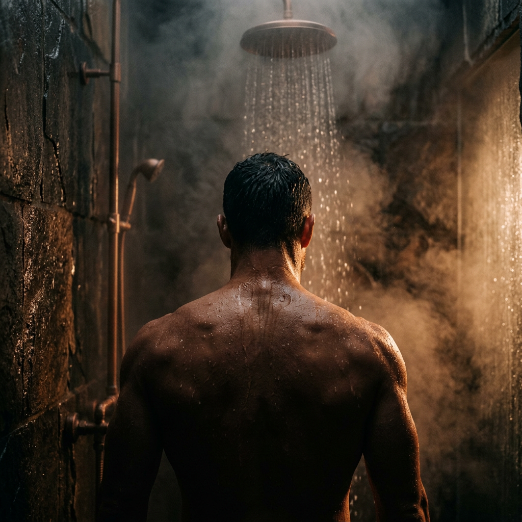 Man rinsing off in a steamy dark stone shower