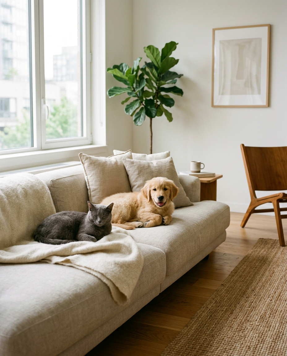 Cachorro y gato descansando en un sofá moderno
