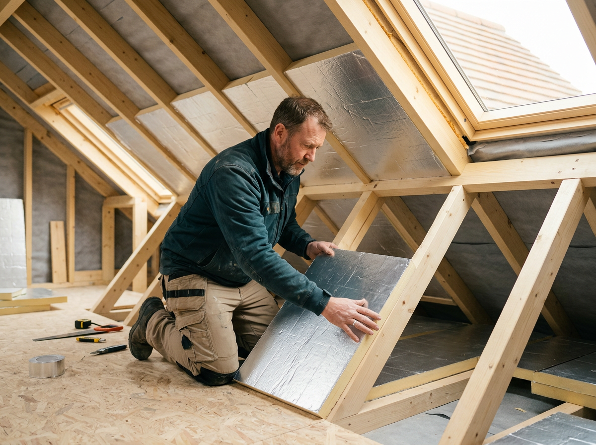 Builder fitting foil-faced PIR insulation boards between loft rafters