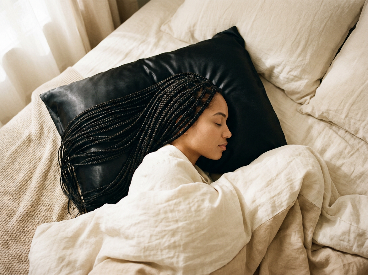 Woman with long box braids sleeping peacefully on a black satin pillowcase