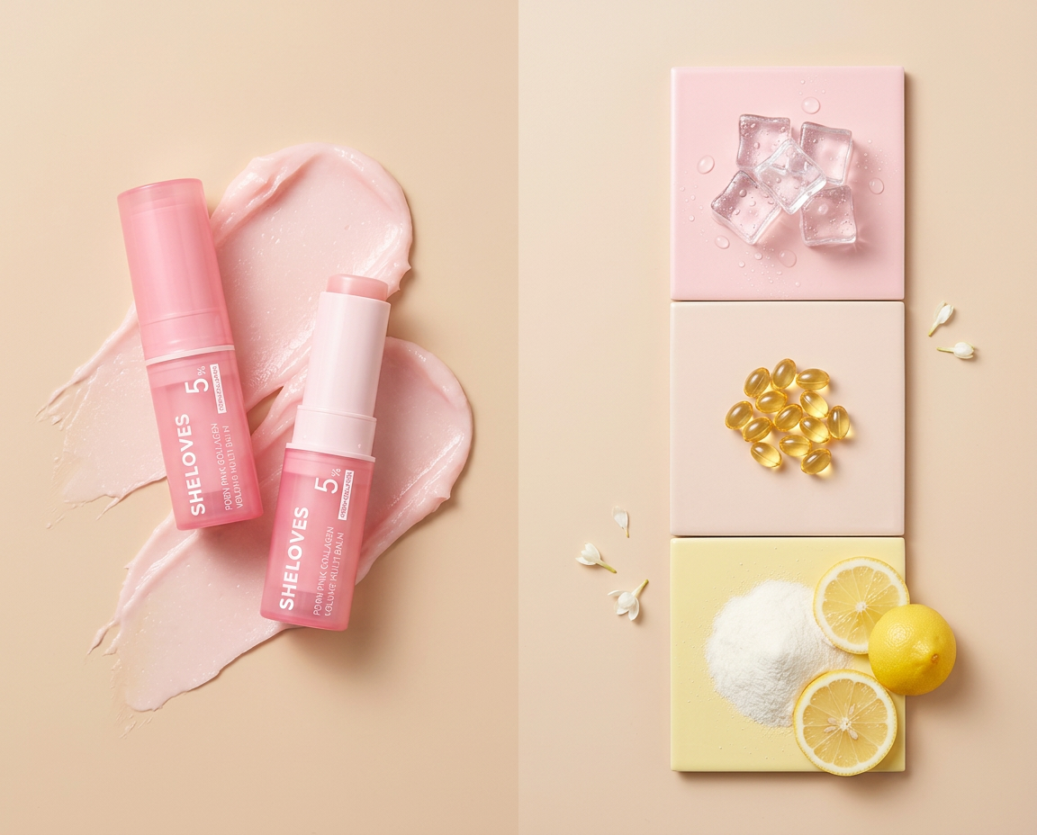 Collagen Plumping Balm with hydrating gel, vitamin E capsules and collagen powder