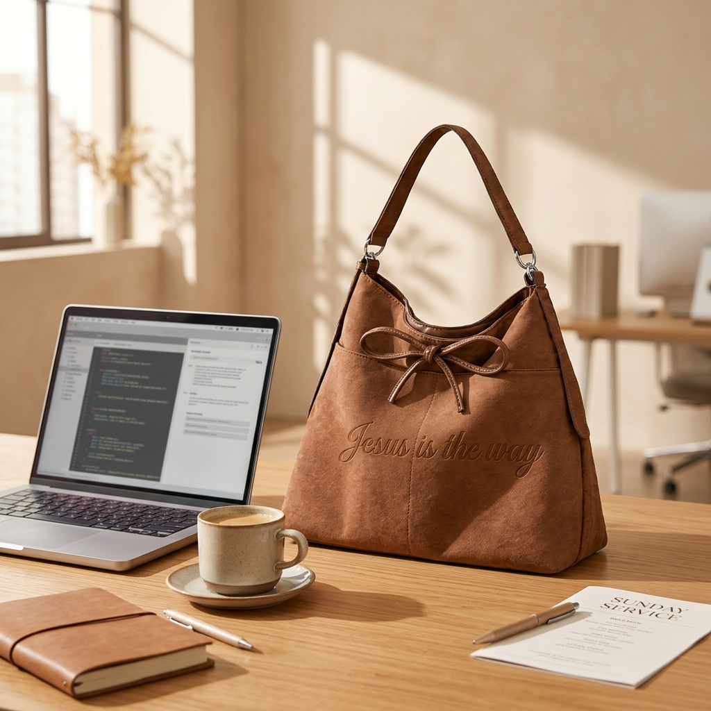 Handbag on an office desk beside a laptop