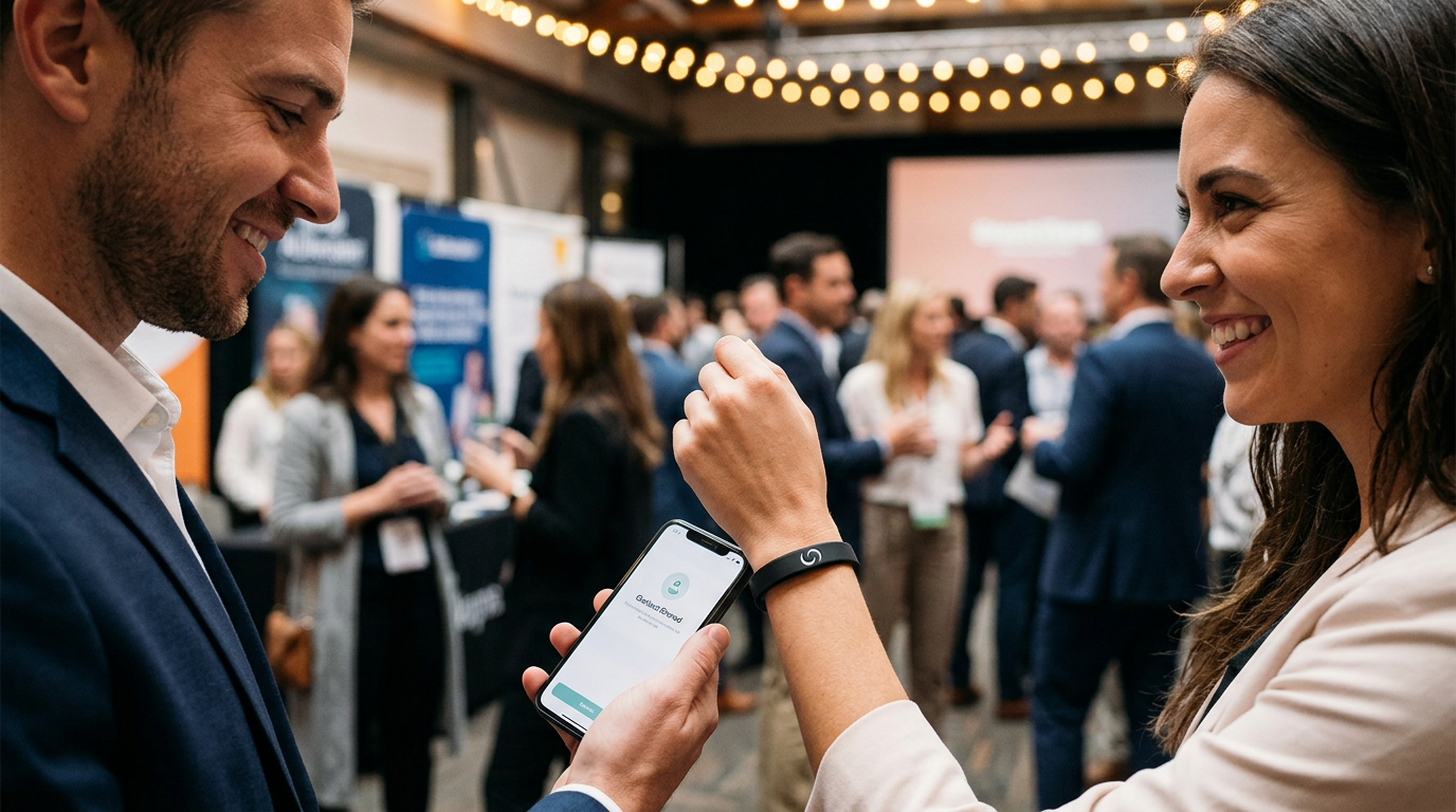 Professional tapping a Contact Co. smart band against another person's phone at a networking event