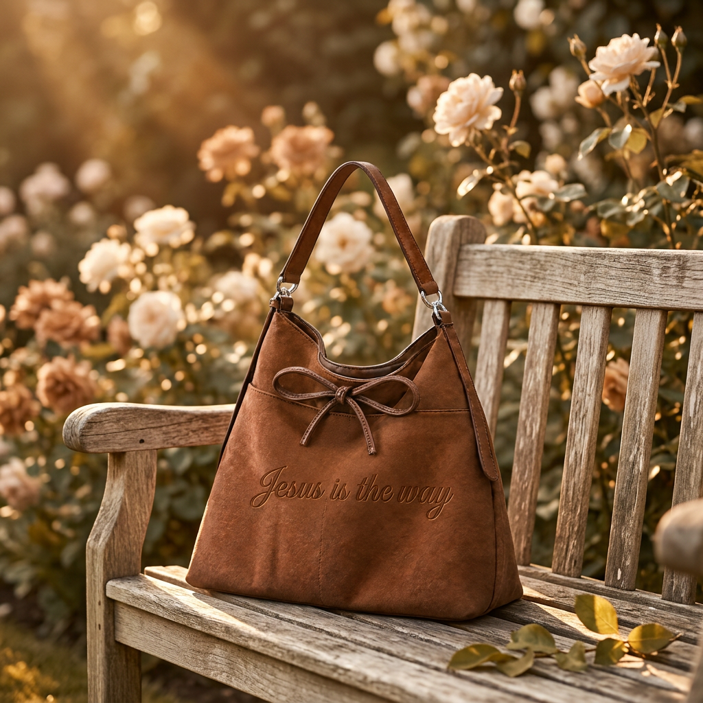Handbag resting on a garden bench