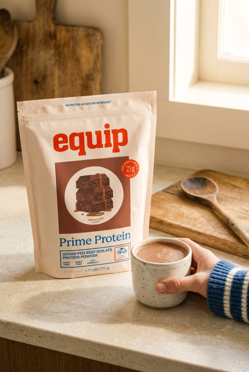 Equip Prime Protein chocolate bag beside a cup of chocolate protein drink