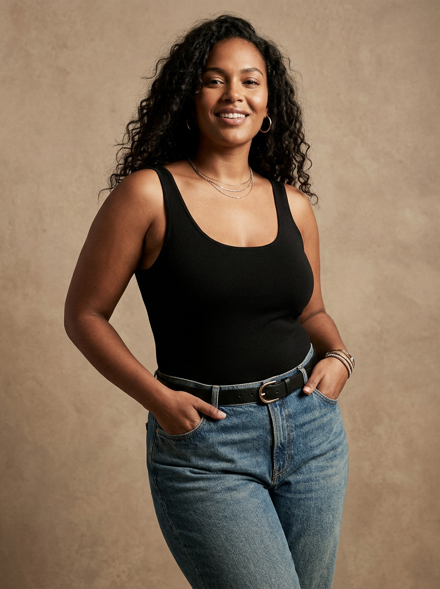 Woman in a sleek black scoop-neck bodysuit
