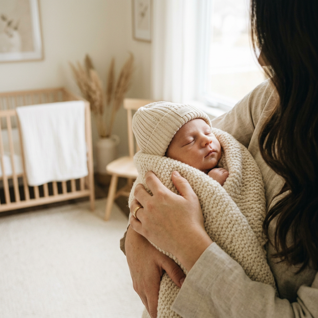 Newborn in an ecru ribbed beanie cradled in a cream knitted blanket