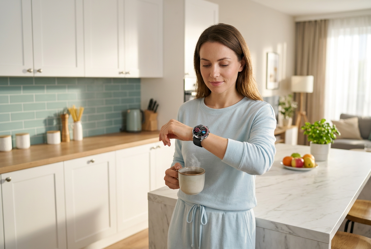 Woman checking her health reading on the watch in a bright kitchen