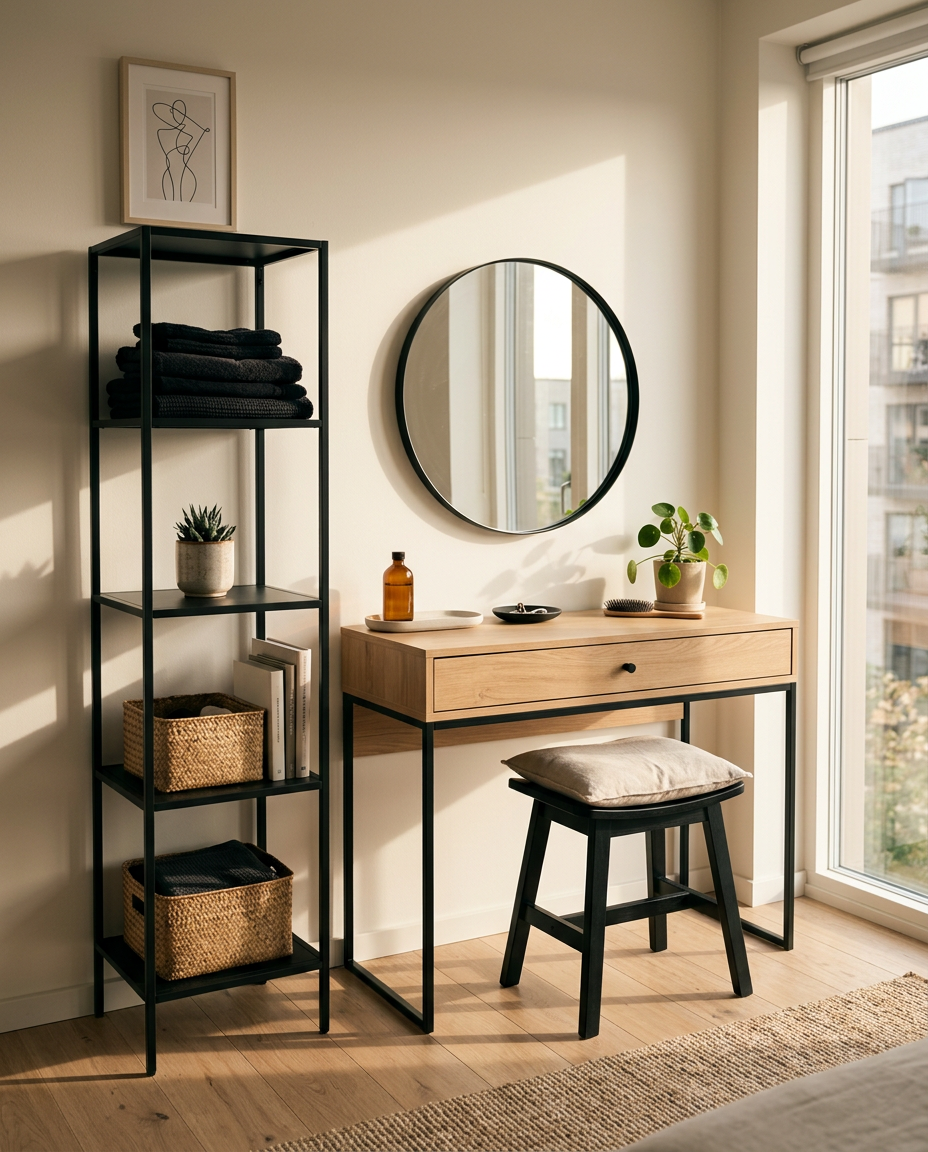 Rincón de dormitorio minimalista con torre de almacenaje