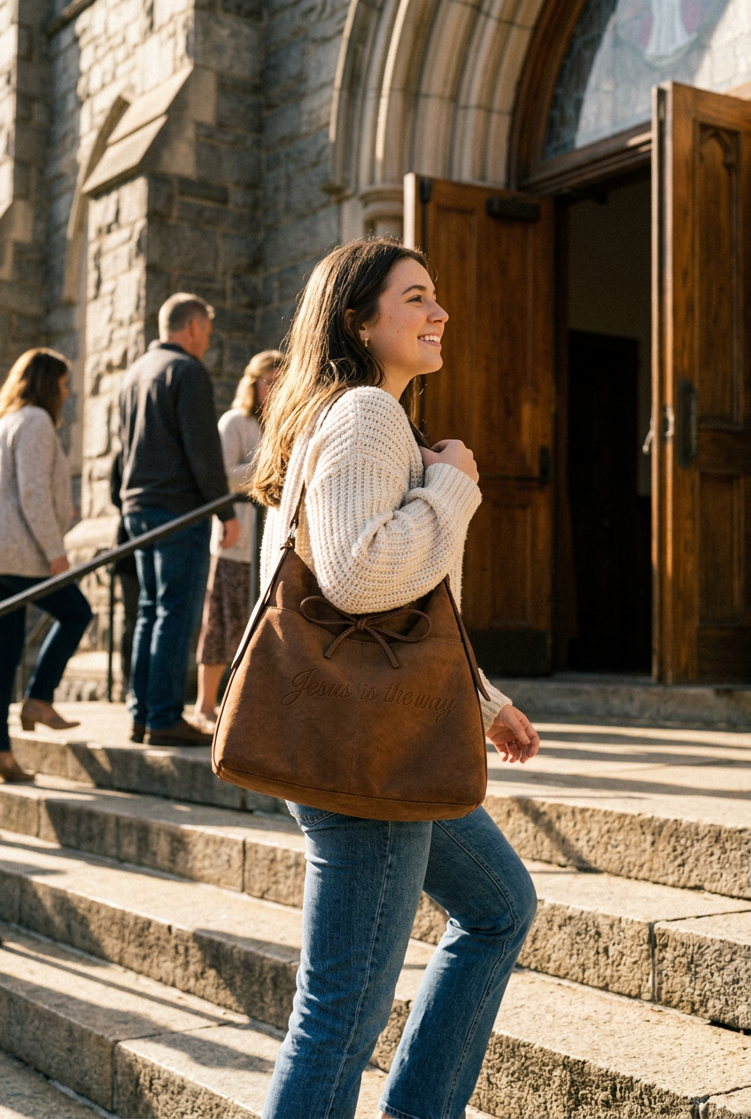 Woman carrying the handbag on church steps