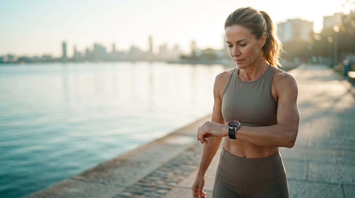 Woman checking her VitalityWatch on a sunny morning walk