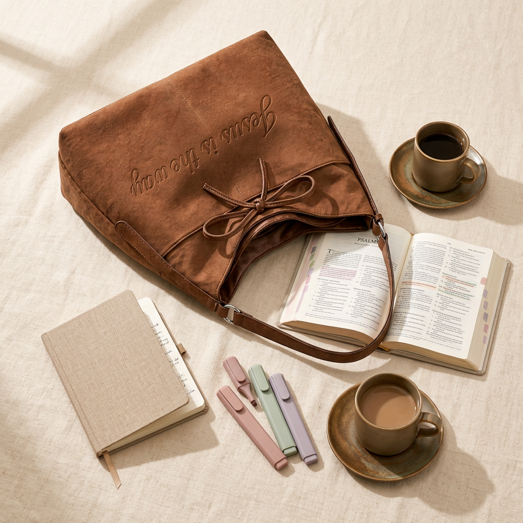Open handbag with a Bible, journal and highlighter pens