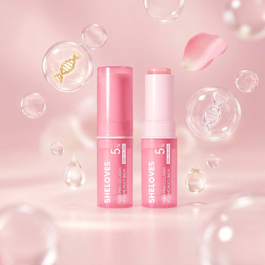 Collagen Plumping Balm surrounded by collagen and Sodium DNA bubbles