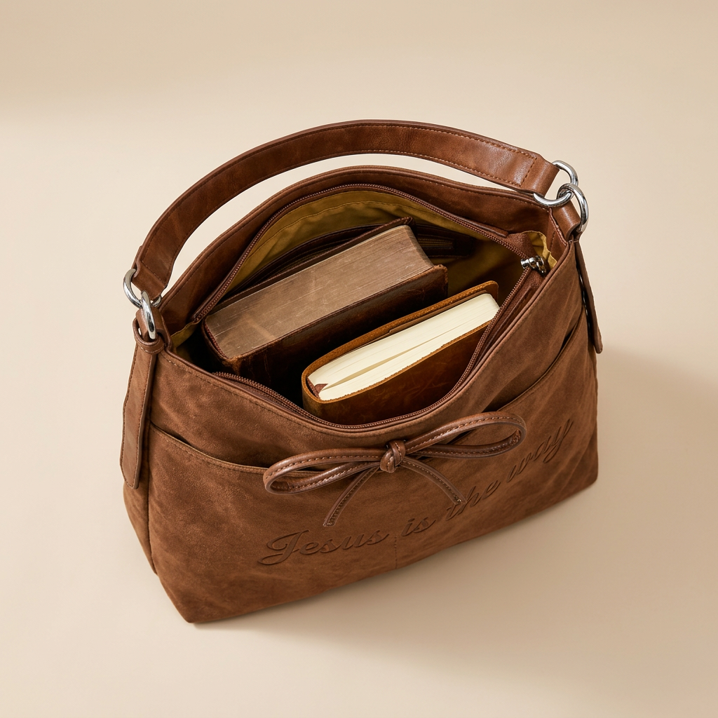 Open handbag holding a Bible and journal