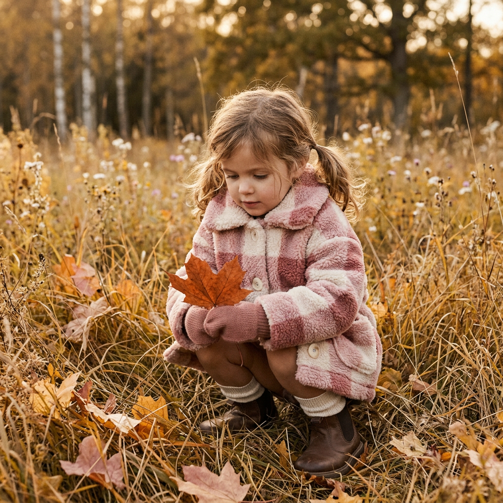 Child in a rose blush check pile jacket playing in a golden autumn meadow