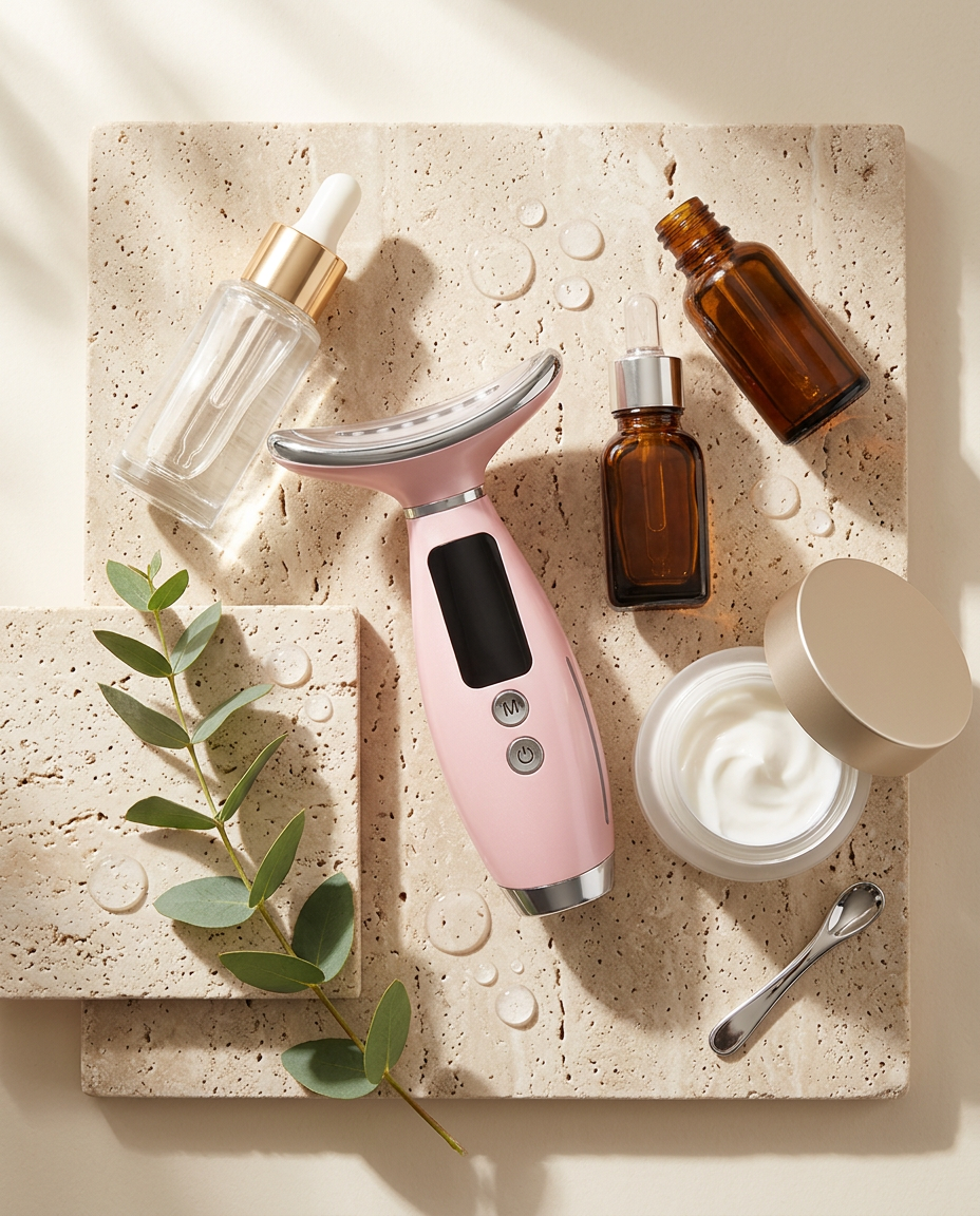 Flat-lay of serums, cream and a microcurrent facial device on travertine stone in soft morning light