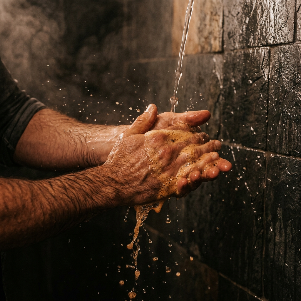 Hands working the body wash into a rich amber lather under the shower