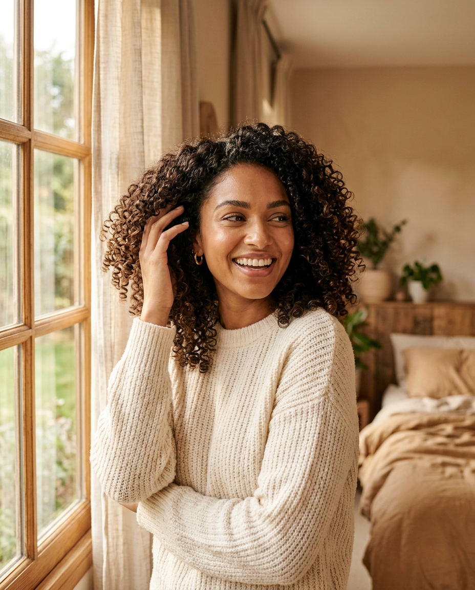 Smiling mixed-race woman with defined, frizz-free curls in morning light