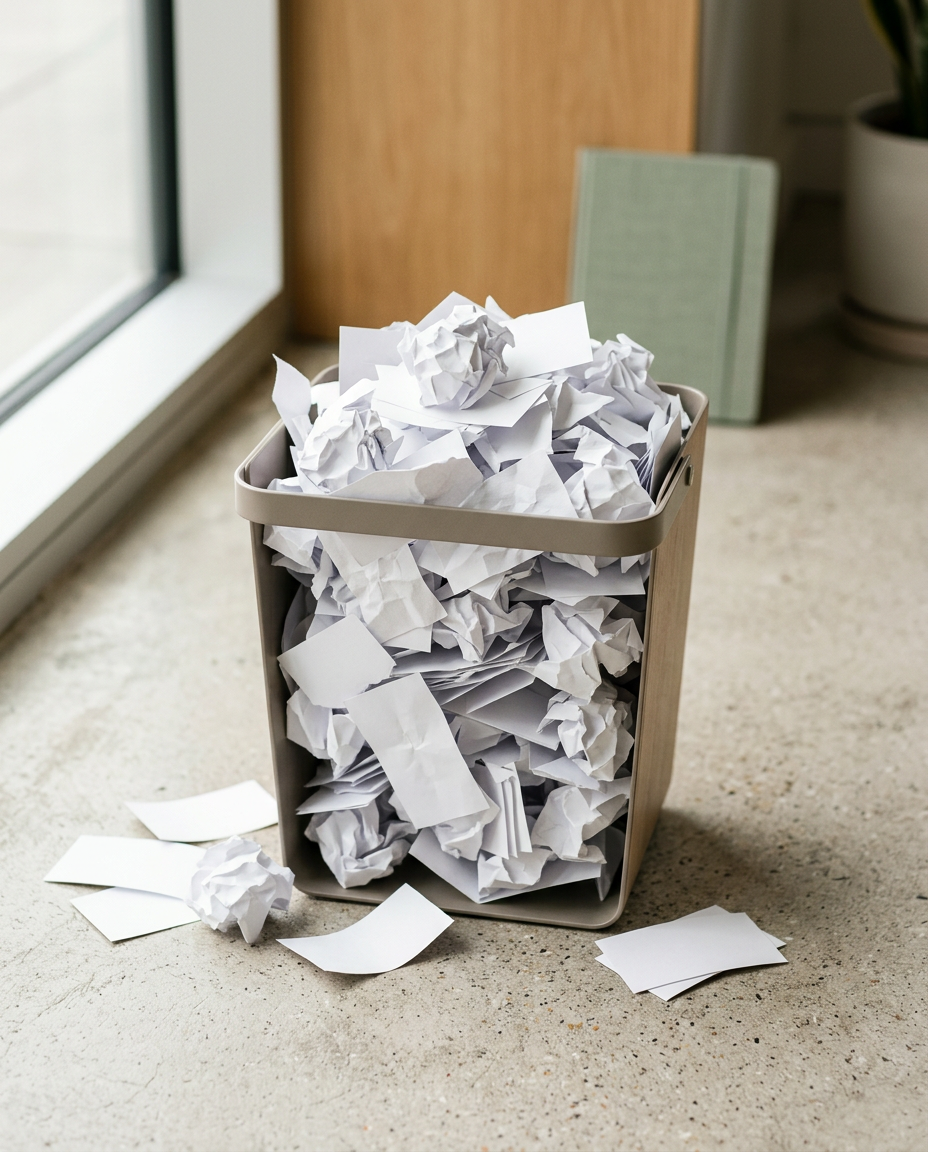 Wastebasket overflowing with crumpled paper business cards