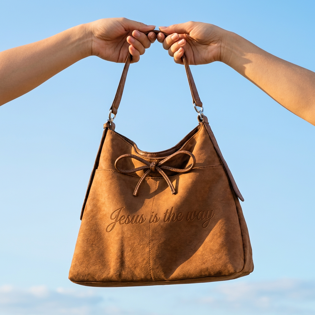 Hands holding the handbag up against a blue sky