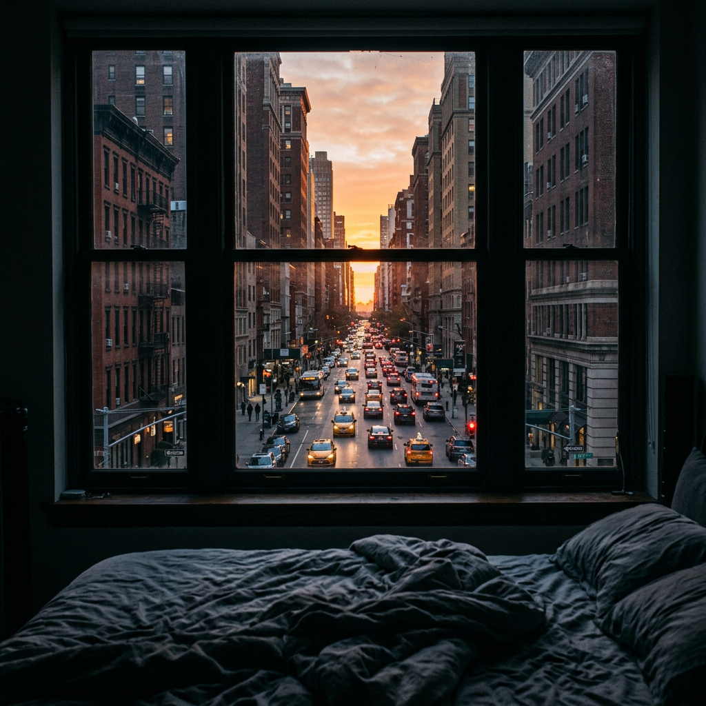 View from a dim bedroom window onto a noisy city street at sunrise