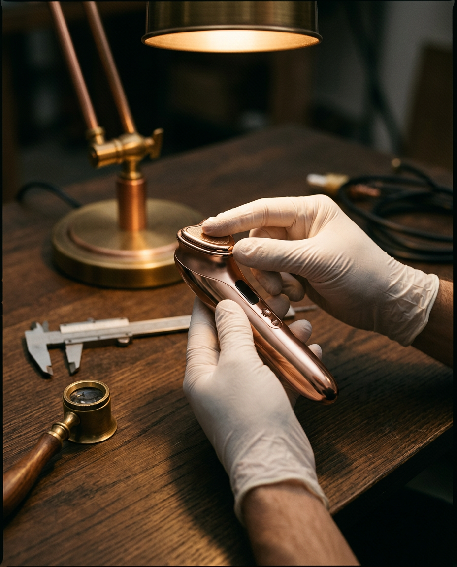 Gloved hands inspecting a rose-gold facial device with a loupe