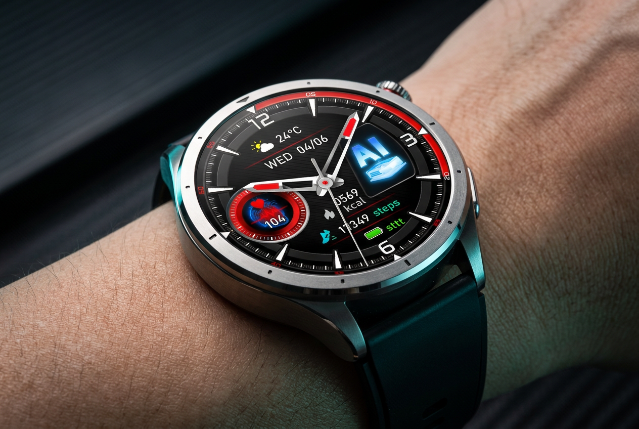 Close-up of the VitalityWatch crown and metal case