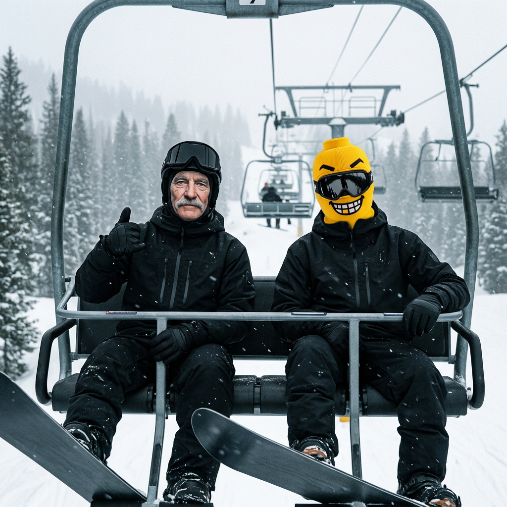 Two snowboarders riding a chairlift in falling snow, one wearing the yellow Blockhead balaclava with goggles