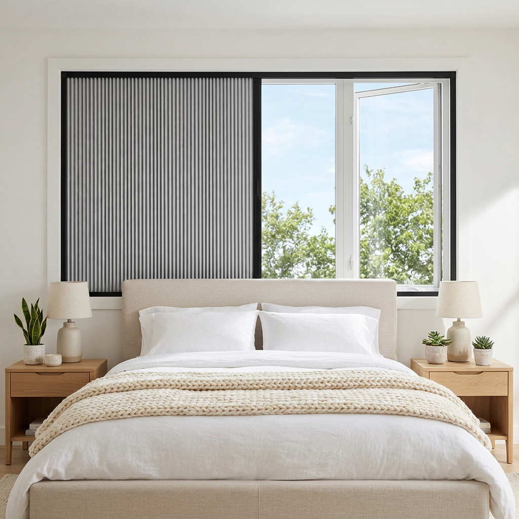 Bright bedroom with a Guard blackout blind on the window