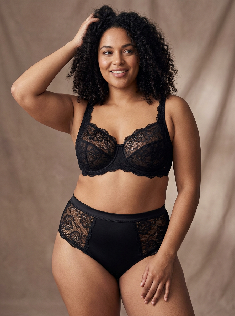 Woman in a black lace bra and brief set