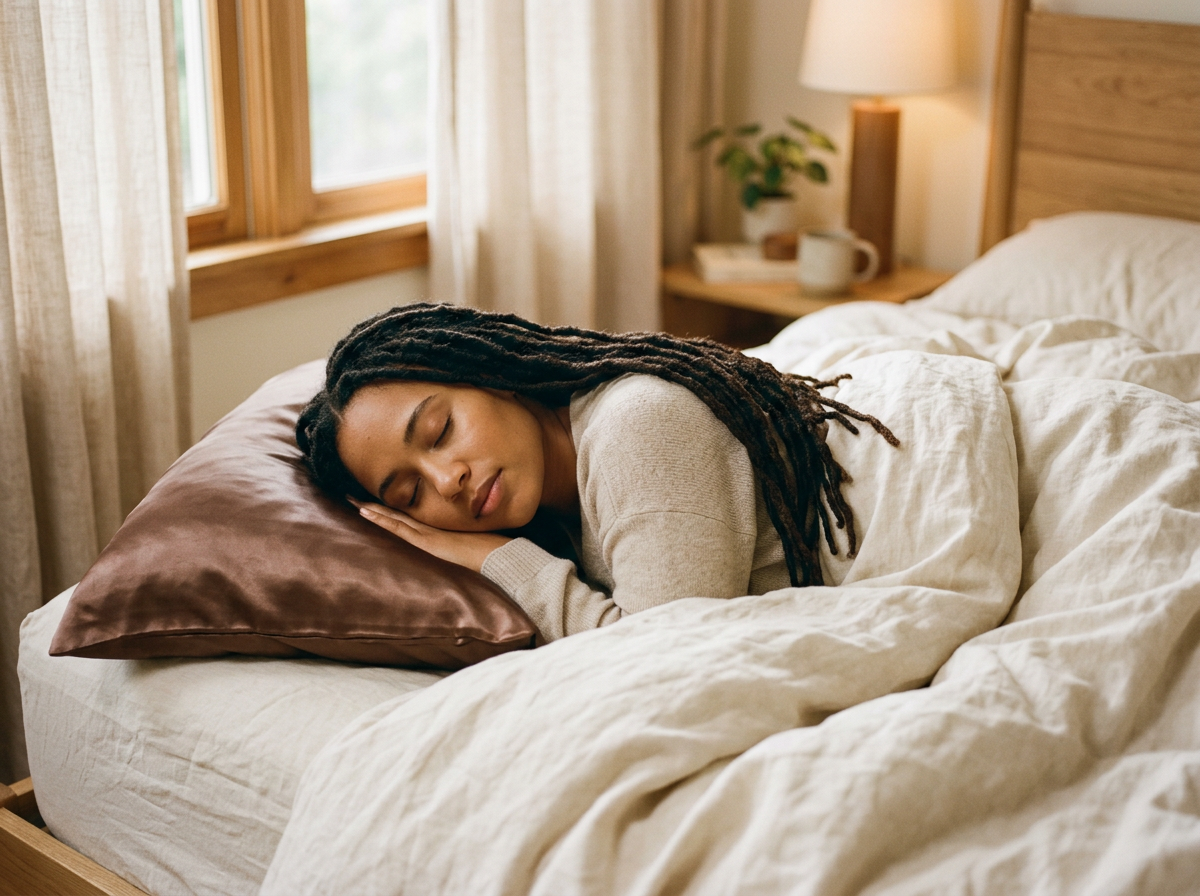 Woman with long locs sleeping peacefully on a cocoa satin pillowcase