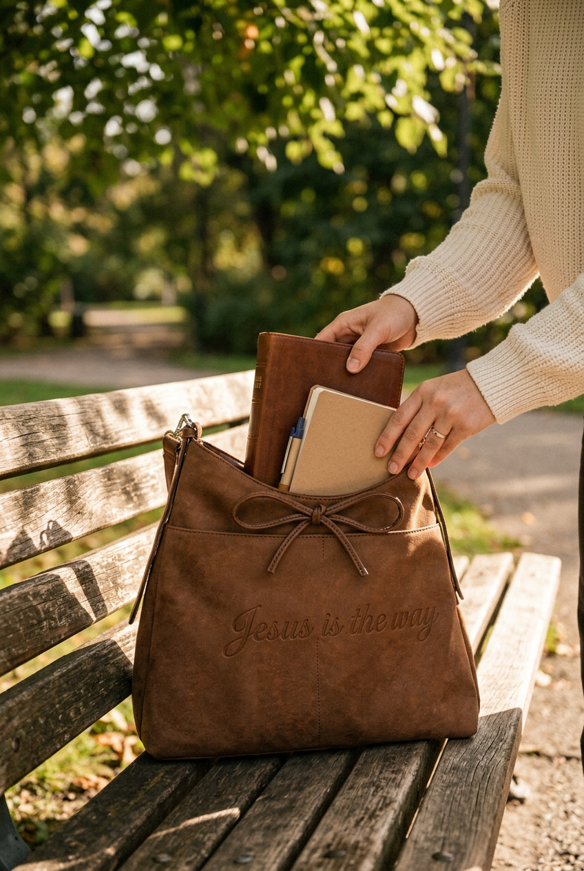 Hands taking a Bible and notebook out of the handbag