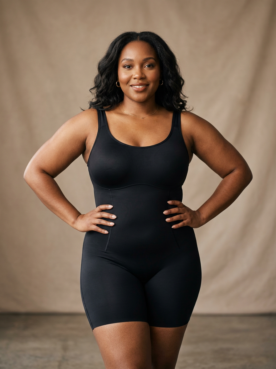 Woman in a black sculpting shapewear bodysuit