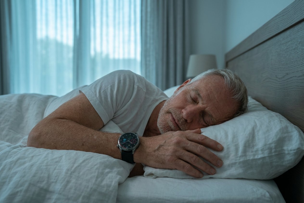 Man sleeping peacefully while wearing the VitalityWatch