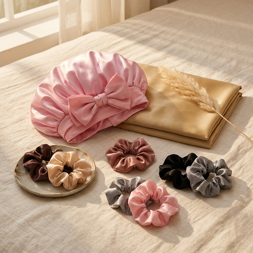 The ZELAVY Protective Night Routine: XL satin bonnet, pillowcase and scrunchies on cream linen