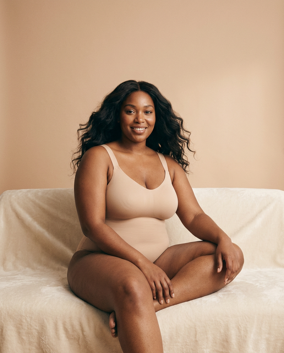 Smiling woman seated on a cream sofa wearing a nude Formless sculpting bodysuit