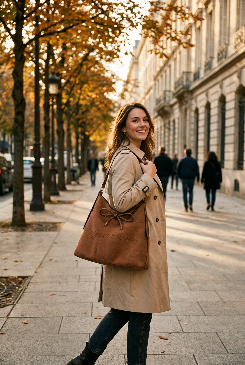 Woman walking down a city sidewalk with the handbag