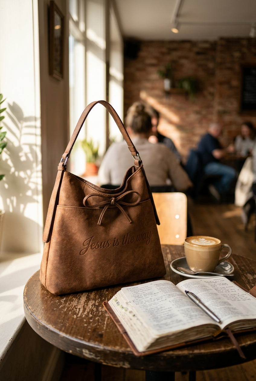 Handbag on a cafe table with a latte and Bible journal