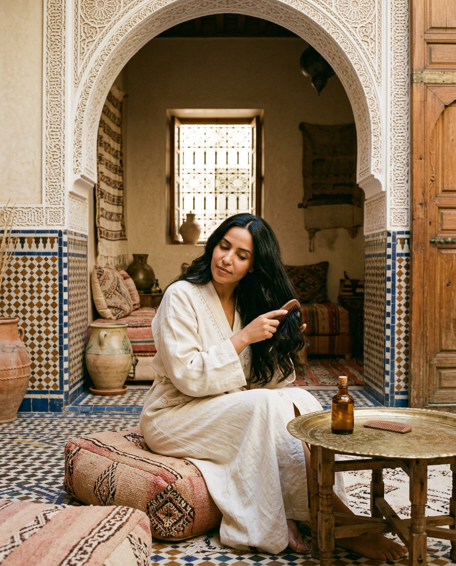 امرأة تمشط شعرها الطويل اللامع في غرفة مغربية تقليدية بإضاءة طبيعية دافئة