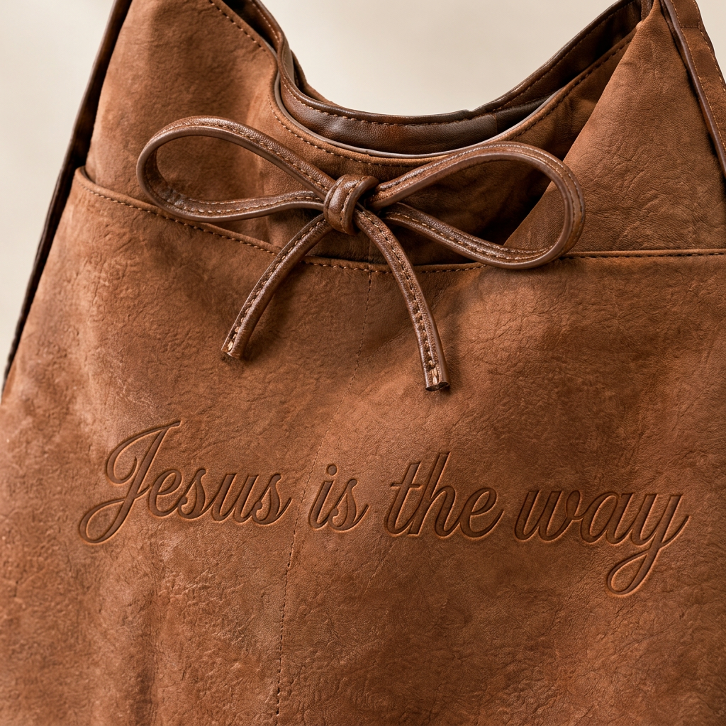 Debossed Jesus is the way script and bow detail