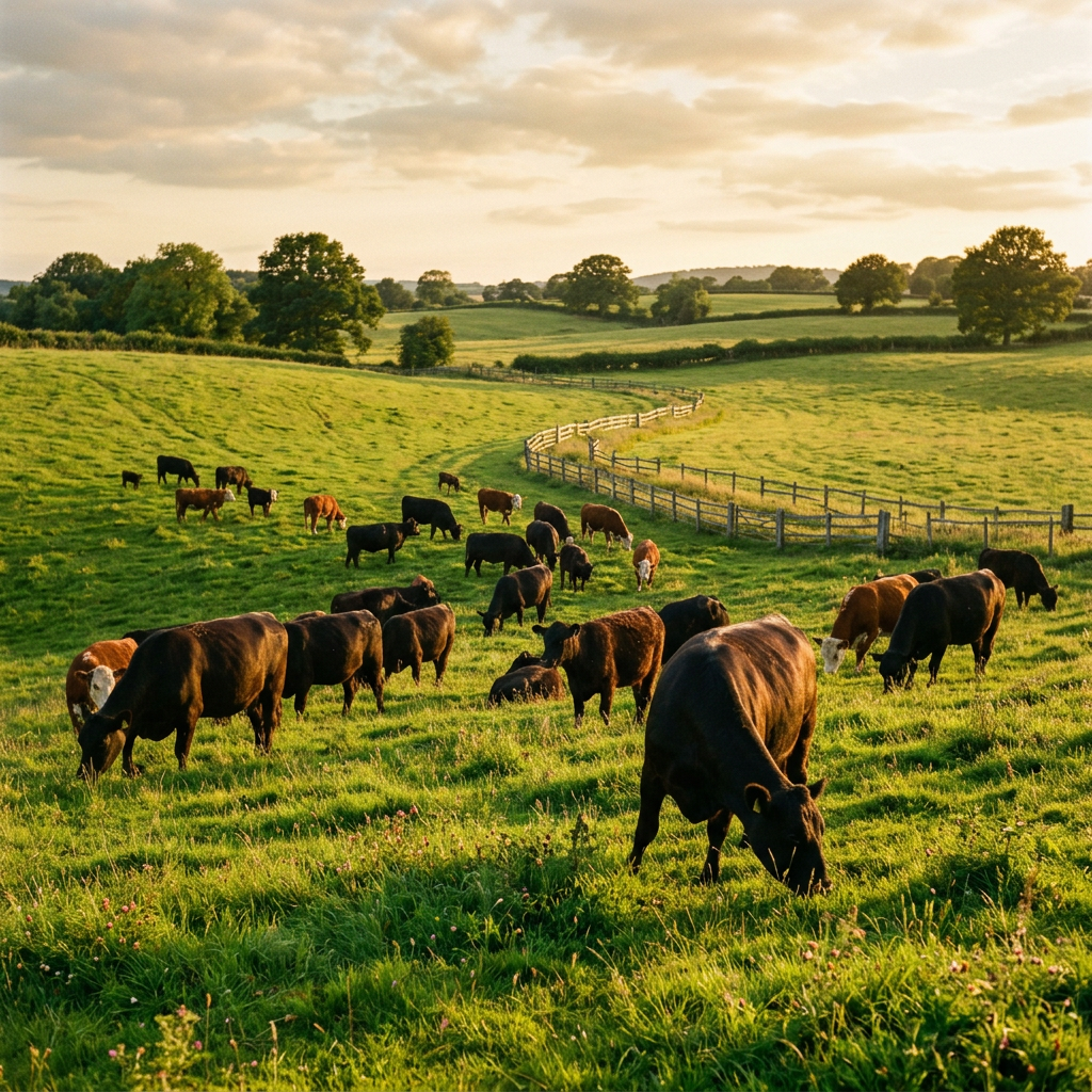 Grass-fed cattle grazing on a green pasture at golden hour